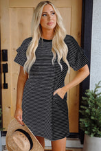 Load image into Gallery viewer, Black Stripe Ruffled Short Sleeve Crew Neck T Shirt Shift Mini Dress