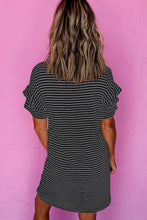 Load image into Gallery viewer, Black Stripe Ruffled Short Sleeve Crew Neck T Shirt Shift Mini Dress