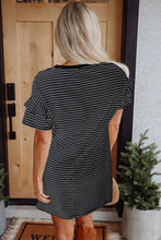 Load image into Gallery viewer, Black Stripe Ruffled Short Sleeve Crew Neck T Shirt Shift Mini Dress