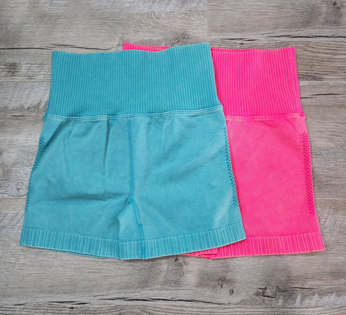 Stone Washed Seamless High Waisted Shorts, Available in Pink and Blue