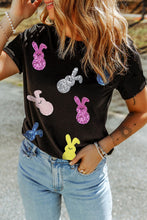 Load image into Gallery viewer, Black Sequin Bunny Doll Graphic Easter Day T Shirt
